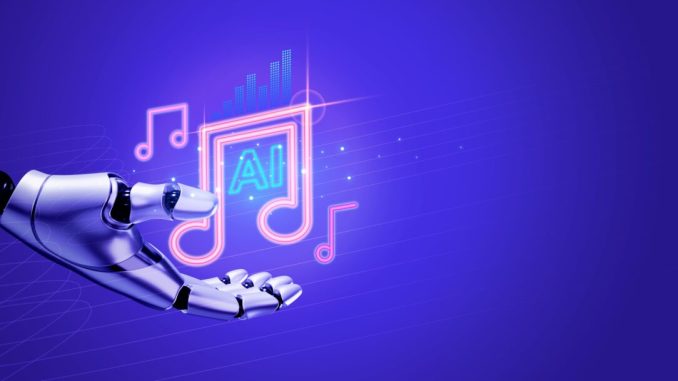 Ai,Generated,Music,Concept.,Notes,Icon,On,Robot,Humanoid,Hand